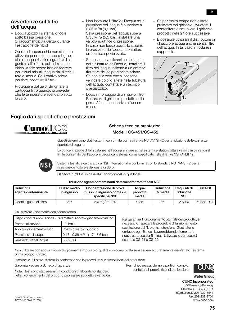 Avvertenze sul filtro dell'acqua, Foglio dati specifiche e prestazioni | Siemens KA58NA45 User Manual | Page 75 / 263