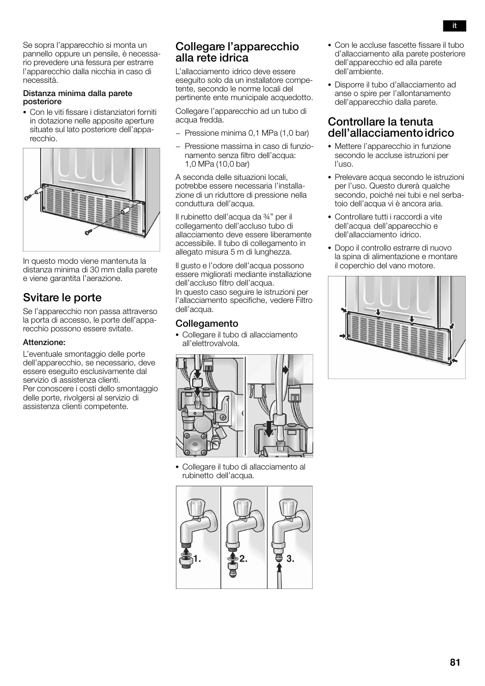 Svitare le porte, Collegare l'apparecchio alla rete idrica, Controllare la tenuta dell'allacciamento idrico | Siemens KA58NA45 User Manual | Page 81 / 263