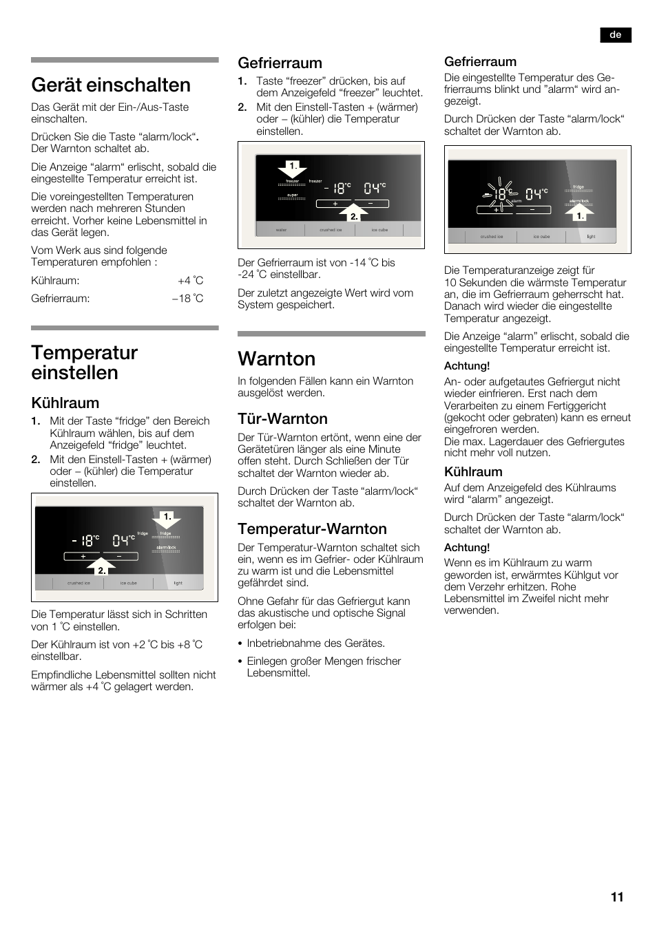 Gerät einschalten, Temperatur einstellen, Warnton | Kühlraum, Gefrierraum, Türćwarnton, Temperaturćwarnton | Siemens KA62DV71 User Manual | Page 11 / 123