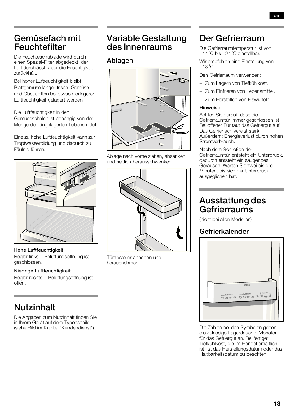 Gemüsefach mit feuchtefilter, Nutzinhalt, Variable gestaltung des innenraums | Der gefrierraum, Ausstattung des gefrierraums, Ablagen, Gefrierkalender | Siemens KA62DV71 User Manual | Page 13 / 123