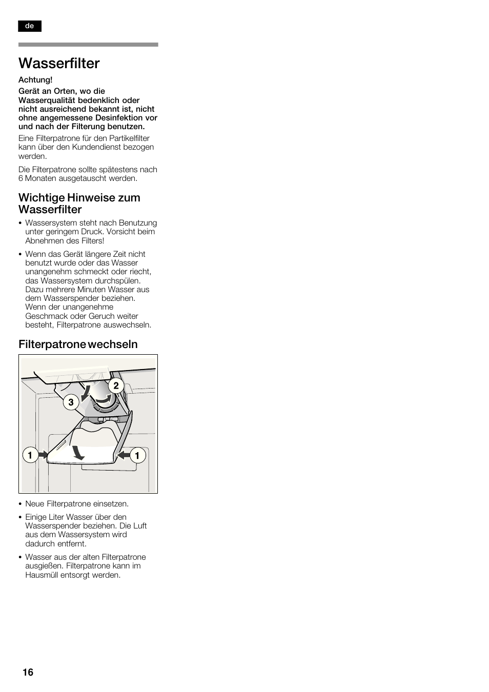 Wasserfilter, Wichtige hinweise zum wasserfilter, Filterpatrone wechseln | Siemens KA62DV71 User Manual | Page 16 / 123