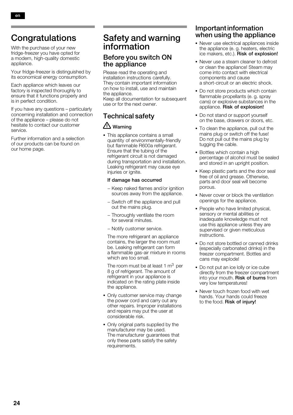 Safety and warning information, Before you switch on the appliance, Technical safety | Important information when using the appliance | Siemens KA62DV71 User Manual | Page 24 / 123