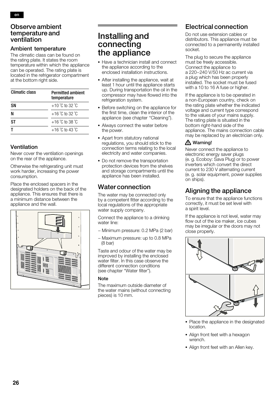 Installing and connecting the appliance, Observe ambient temperature and ventilation, Water connection | Electrical connection, Aligning the appliance | Siemens KA62DV71 User Manual | Page 26 / 123