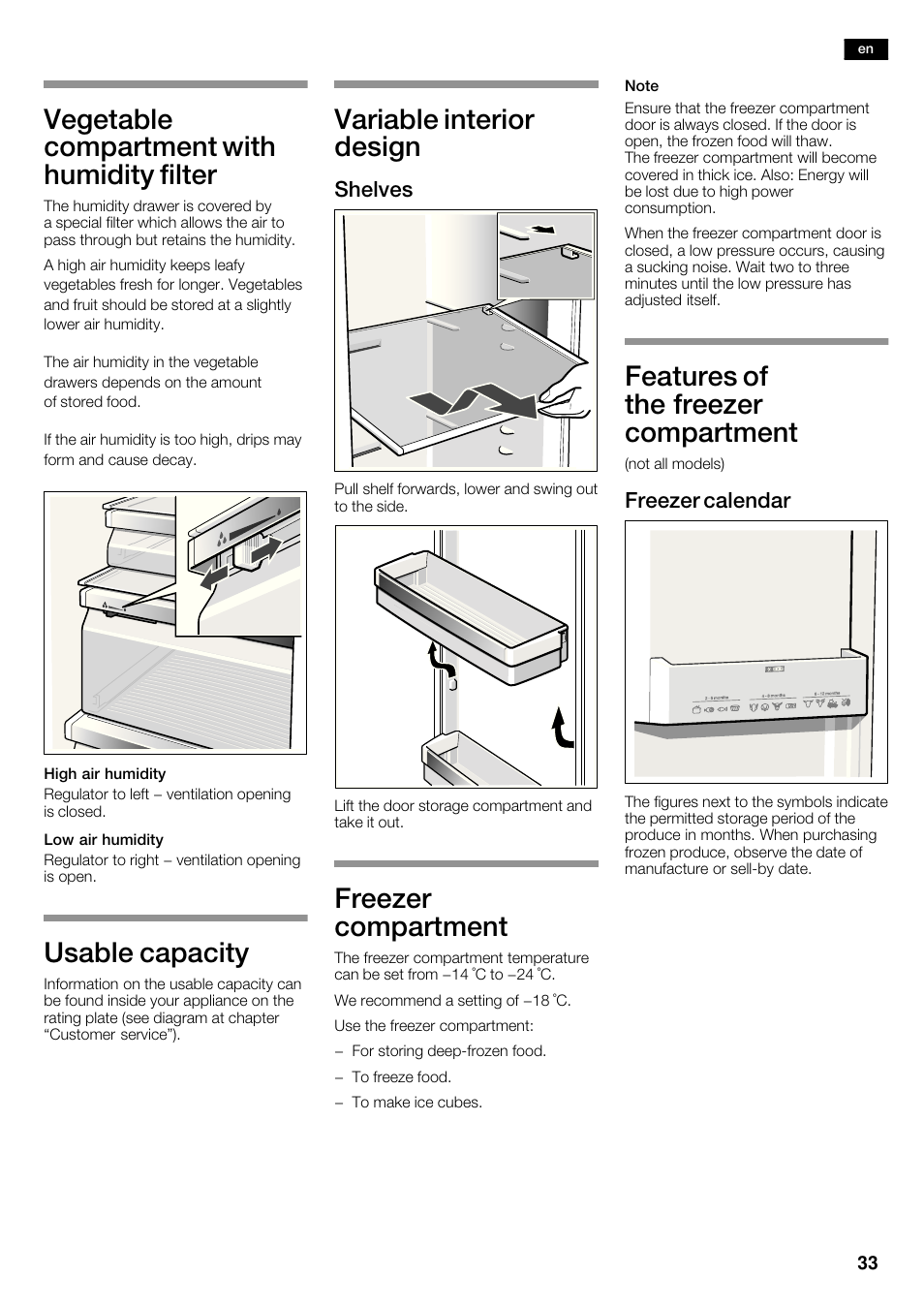 Vegetable compartment with humidity filter, Usable capacity, Variable interior design | Freezer compartment, Features of the freezer compartment, Shelves, Freezer calendar | Siemens KA62DV71 User Manual | Page 33 / 123