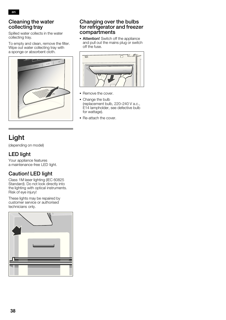 Light, Cleaning the water collecting tray, Led light | Caution! led light | Siemens KA62DV71 User Manual | Page 38 / 123