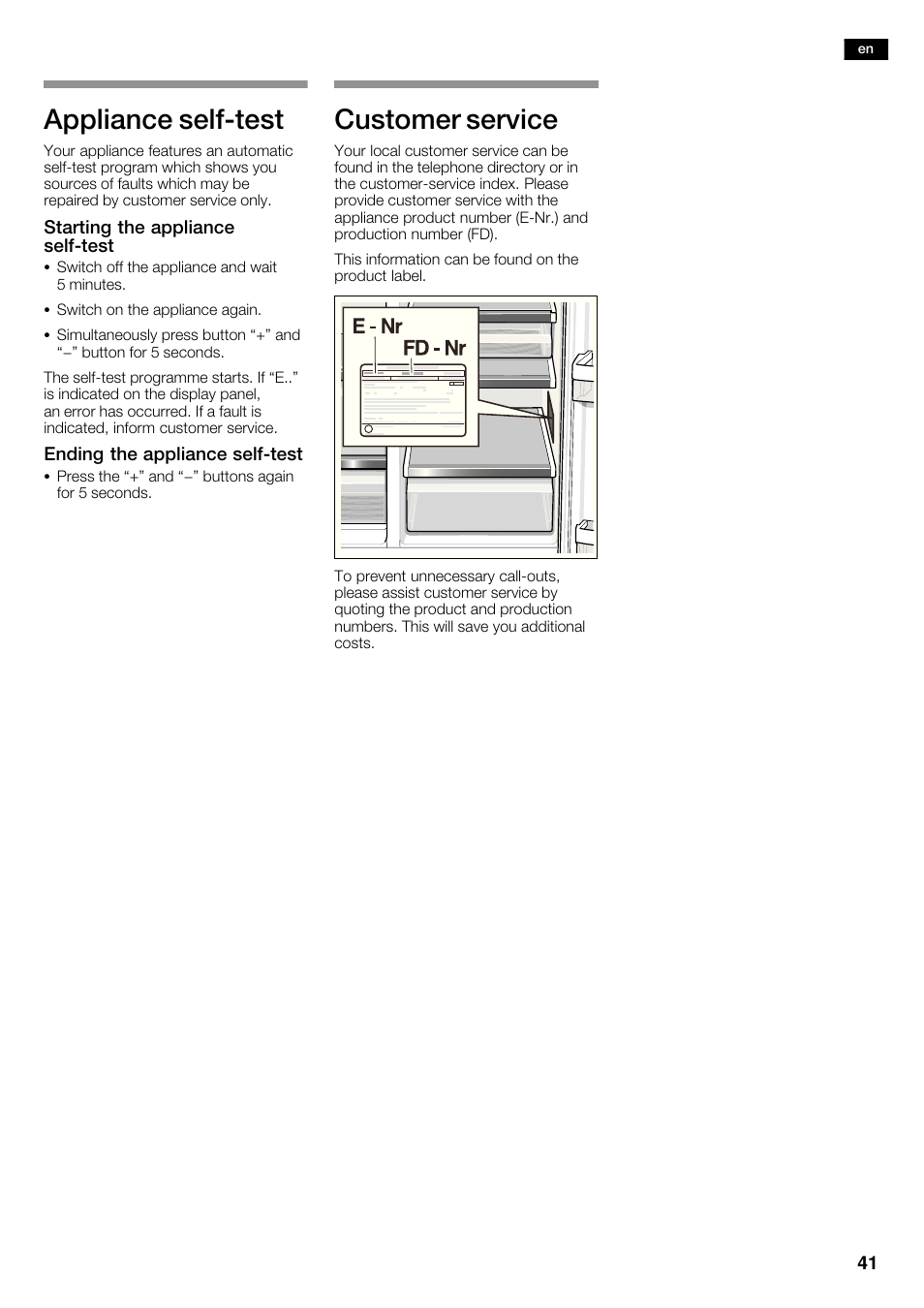 Appliance selfćtest, Customer service | Siemens KA62DV71 User Manual | Page 41 / 123