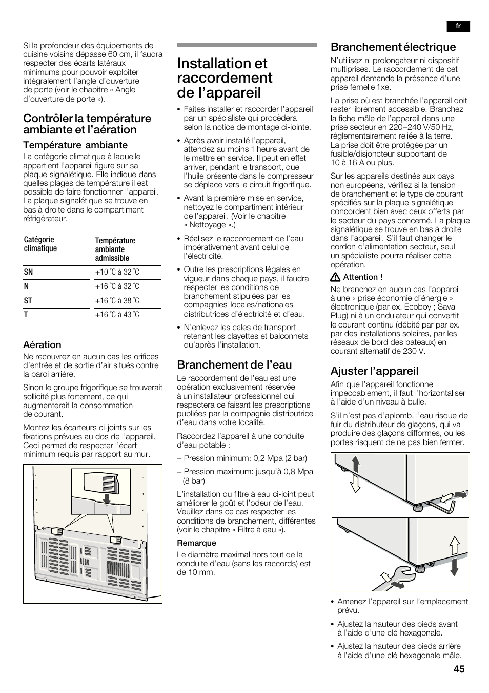 Installation et raccordement de l'appareil, Contrôler la température ambiante et l'aération, Branchement de l'eau | Branchement électrique, Ajuster l'appareil | Siemens KA62DV71 User Manual | Page 45 / 123