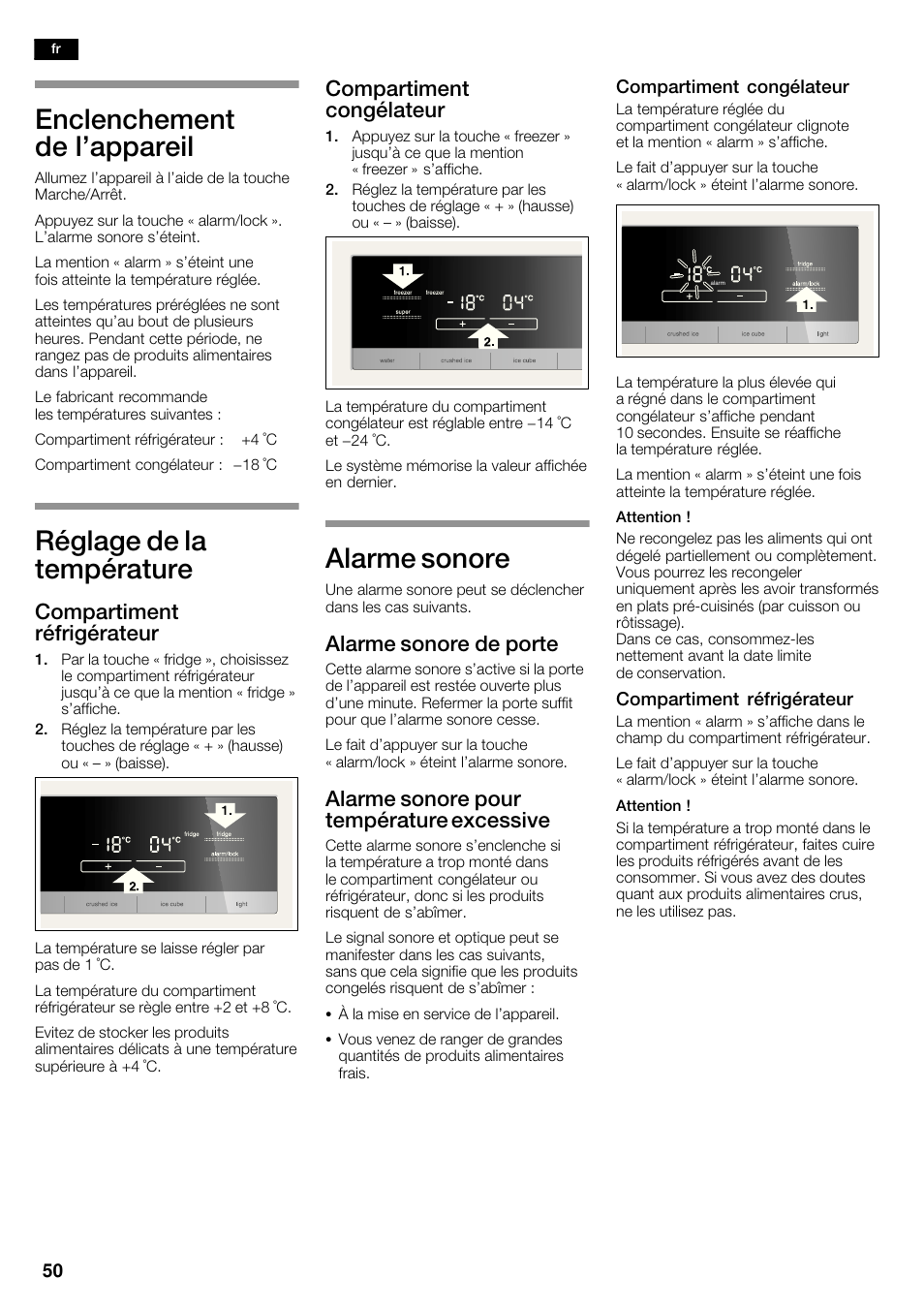 Enclenchement de l'appareil, Réglage de la température, Alarme sonore | Compartiment réfrigérateur, Compartiment congélateur, Alarme sonore de porte, Alarme sonore pour température excessive | Siemens KA62DV71 User Manual | Page 50 / 123