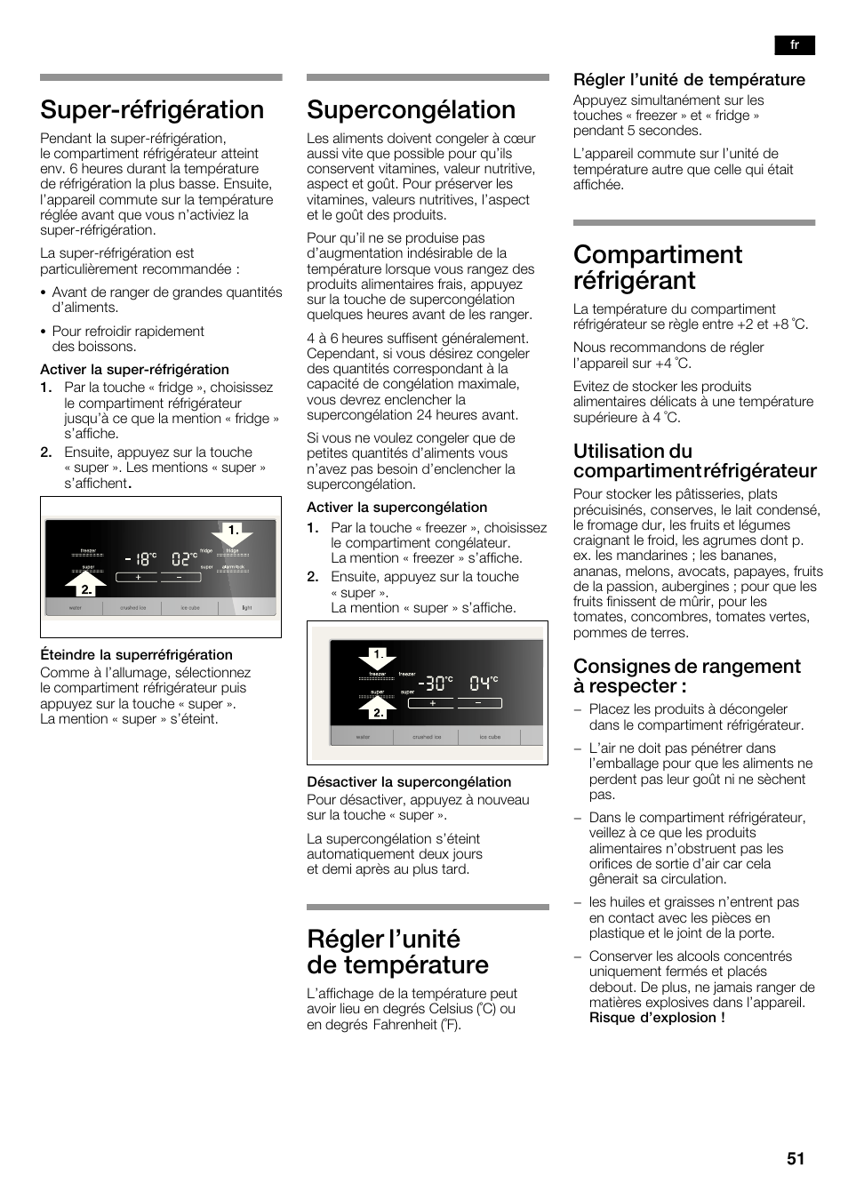 Superćréfrigération, Supercongélation, Régler l'unité de température | Compartiment réfrigérant, Utilisation du compartiment réfrigérateur, Consignes de rangement à respecter | Siemens KA62DV71 User Manual | Page 51 / 123