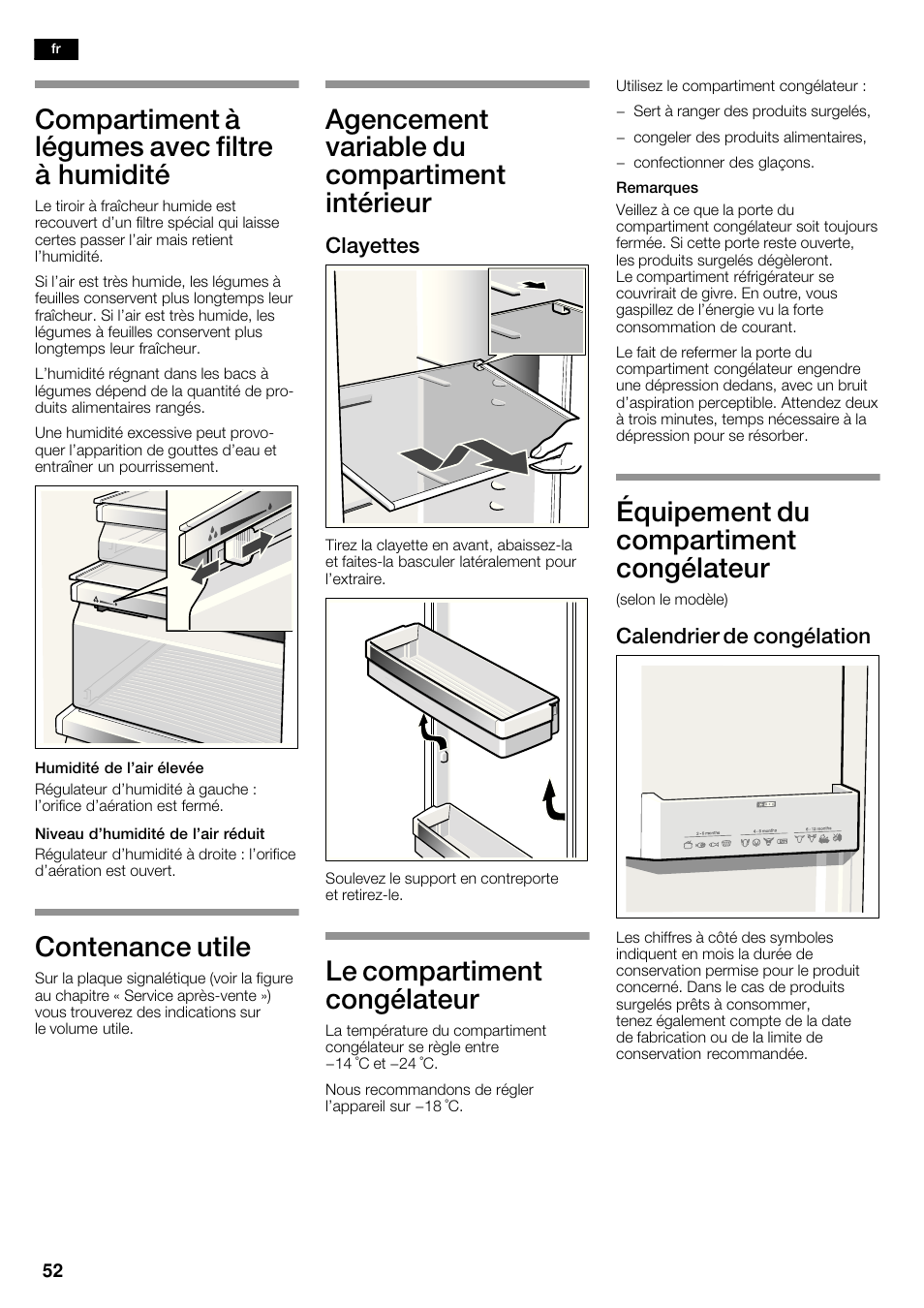 Compartiment à légumes avec filtre à humidité, Contenance utile, Agencement variable du compartiment intérieur | Le compartiment congélateur, Équipement du compartiment congélateur, Clayettes, Calendrier de congélation | Siemens KA62DV71 User Manual | Page 52 / 123