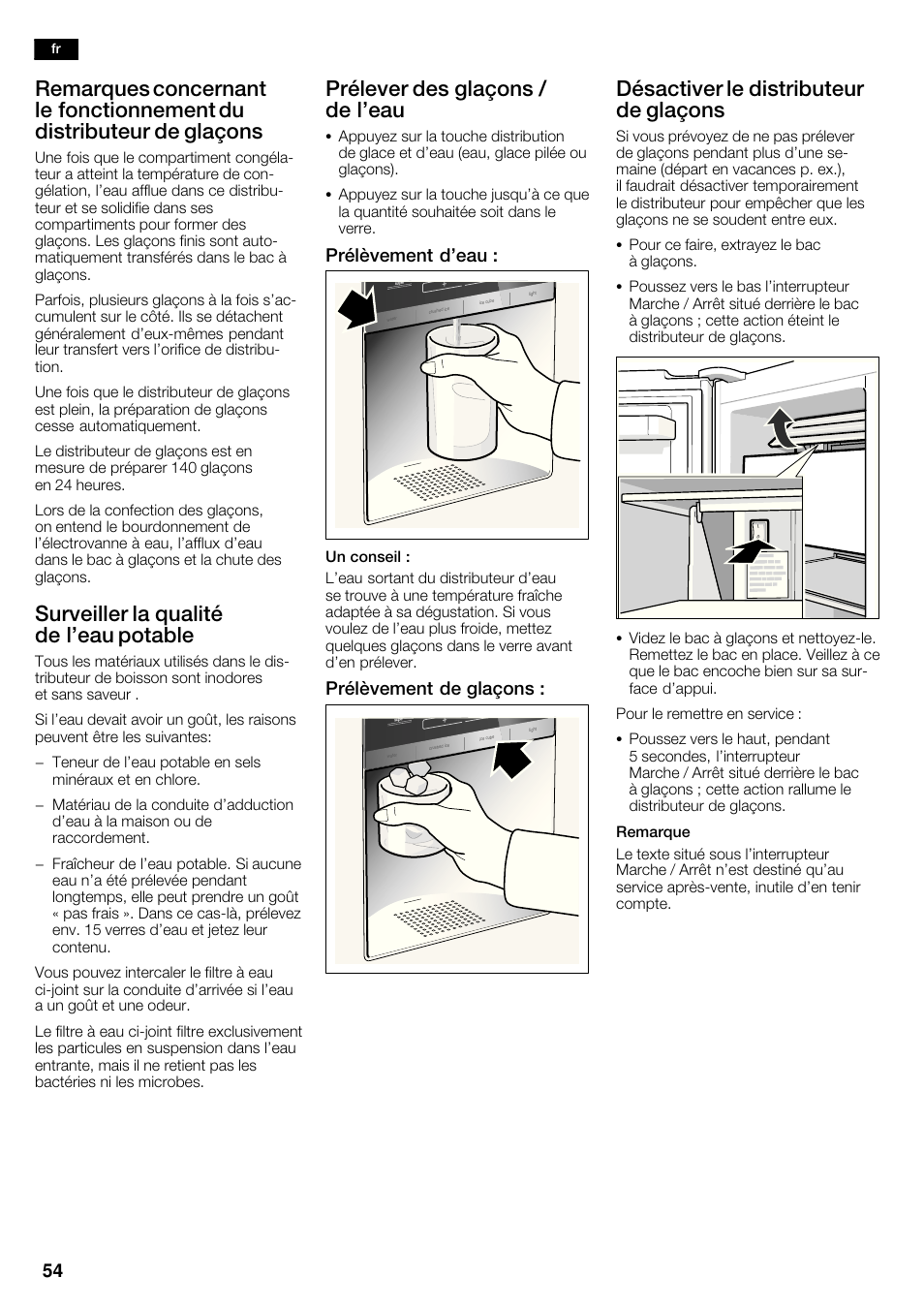 Surveiller la qualité de l'eau potable, Prélever des glaçons / de l'eau, Désactiver le distributeur de glaçons | Prélèvement d'eau, Prélèvement de glaçons | Siemens KA62DV71 User Manual | Page 54 / 123