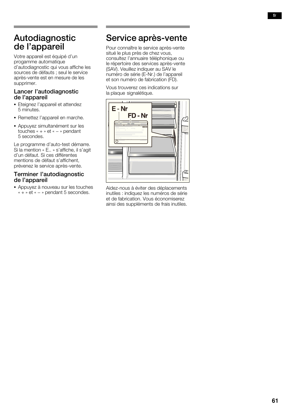 Autodiagnostic de l'appareil, Service aprèsćvente | Siemens KA62DV71 User Manual | Page 61 / 123