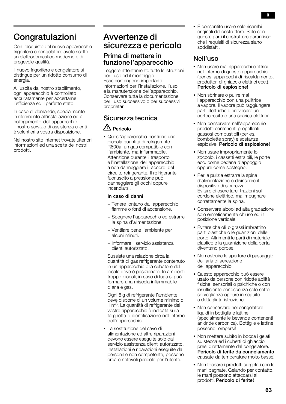 Congratulazioni, Avvertenze di sicurezza e pericolo, Prima di mettere in funzione l'apparecchio | Sicurezza tecnica, Nell'uso | Siemens KA62DV71 User Manual | Page 63 / 123