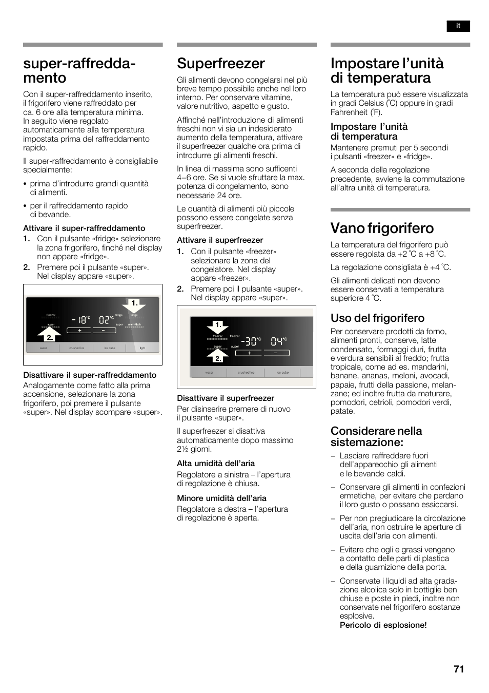 Superćraffreddać mento, Superfreezer, Impostare l'unità di temperatura | Vano frigorifero, Uso del frigorifero, Considerare nella sistemazione | Siemens KA62DV71 User Manual | Page 71 / 123