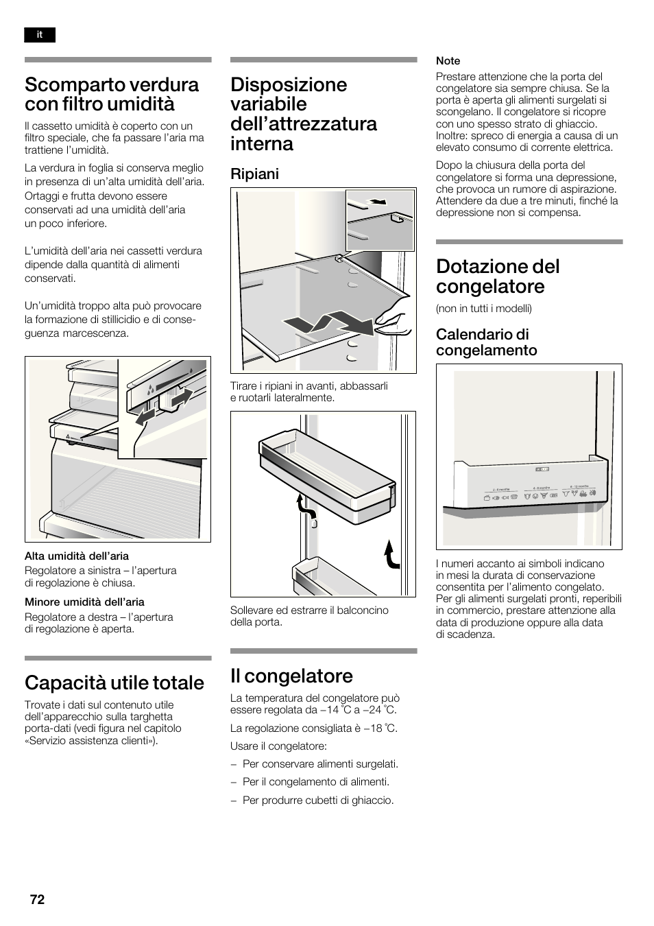Scomparto verdura con filtro umidità, Capacità utile totale, Disposizione variabile dell'attrezzatura interna | Il congelatore, Dotazione del congelatore, Ripiani, Calendario di congelamento | Siemens KA62DV71 User Manual | Page 72 / 123