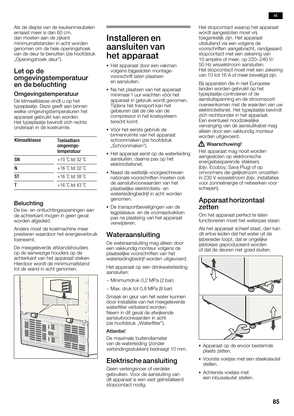 Installeren en aansluiten van het apparaat, Let op de omgevingstemperatuur en de beluchting, Wateraansluiting | Elektrische aansluiting, Apparaat horizontaal zetten | Siemens KA62DV71 User Manual | Page 85 / 123