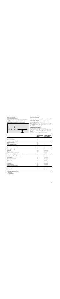 Setting the heat setting, Use ¤ or £ to select the desired hotplate, Set the desired heat setting on the settings range | Switching off the hotplate, Note, Table of cooking times | Siemens ET375MF11E User Manual | Page 13 / 56