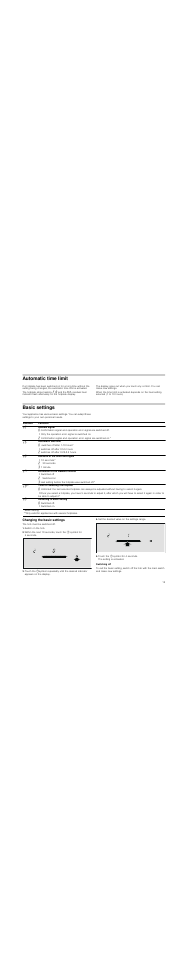 Automatic time limit, Basic settings, Changing the basic settings | Switch on the hob, Set the desired value on the settings range, Touch the 0 symbol for 4 seconds, Switching off | Siemens ET375MF11E User Manual | Page 15 / 56