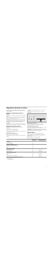 Regolazione del piano di cottura, Attivazione e disattivazione del piano di cottura, Avvertenza | Regolazione della zona di cottura, Impostazione del livello di cottura, Disattivazione della zona di cottura, Tabella di cottura | Siemens ET375MF11E User Manual | Page 27 / 56