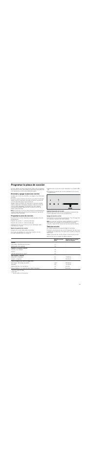 Programar la placa de cocción, Encender y apagar la placa de cocción, Nota | Programar la zona de cocción, Ajustar la posición de cocción, Apagar la zona de cocción, Tabla de cocción | Siemens ET375MF11E User Manual | Page 35 / 56