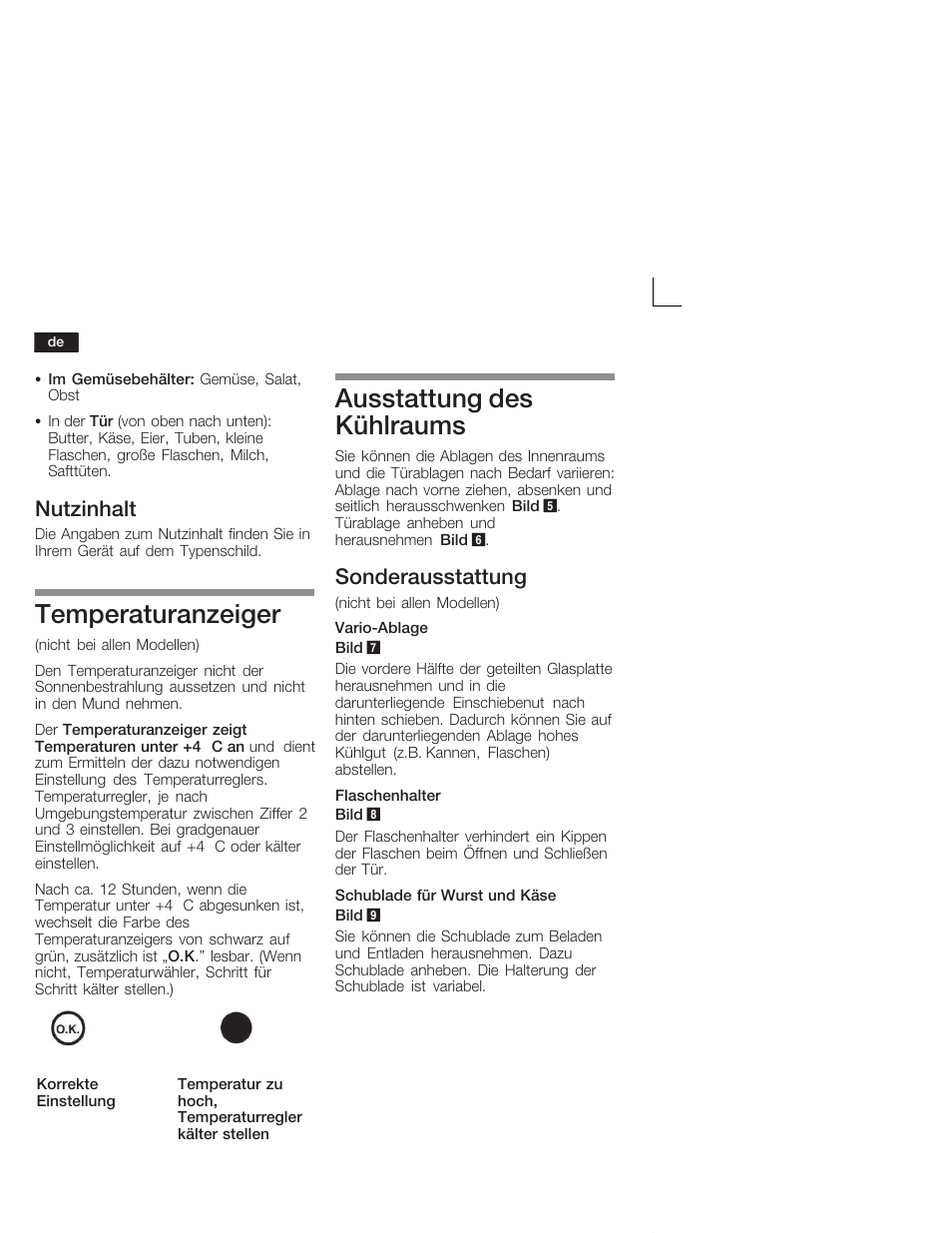 Temperaturanzeiger, Ausstattung des kühlraums, Nutzinhalt | Sonderausstattung | Siemens KI26DA20FF User Manual | Page 10 / 78