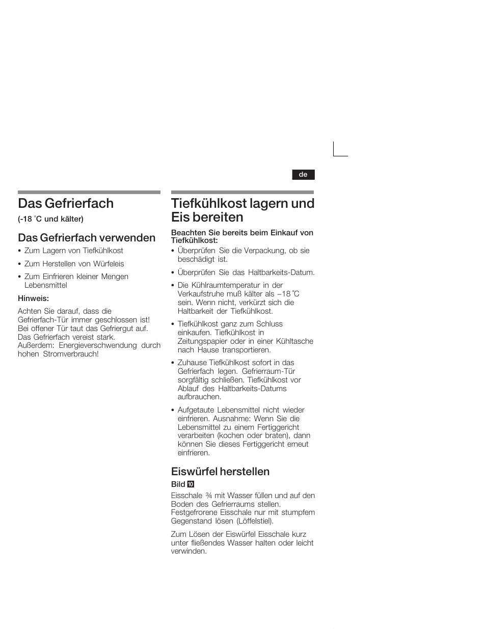 Das gefrierfach, Tiefkühlkost lagern und eis bereiten, Das gefrierfach verwenden | Eiswürfel herstellen | Siemens KI26DA20FF User Manual | Page 11 / 78