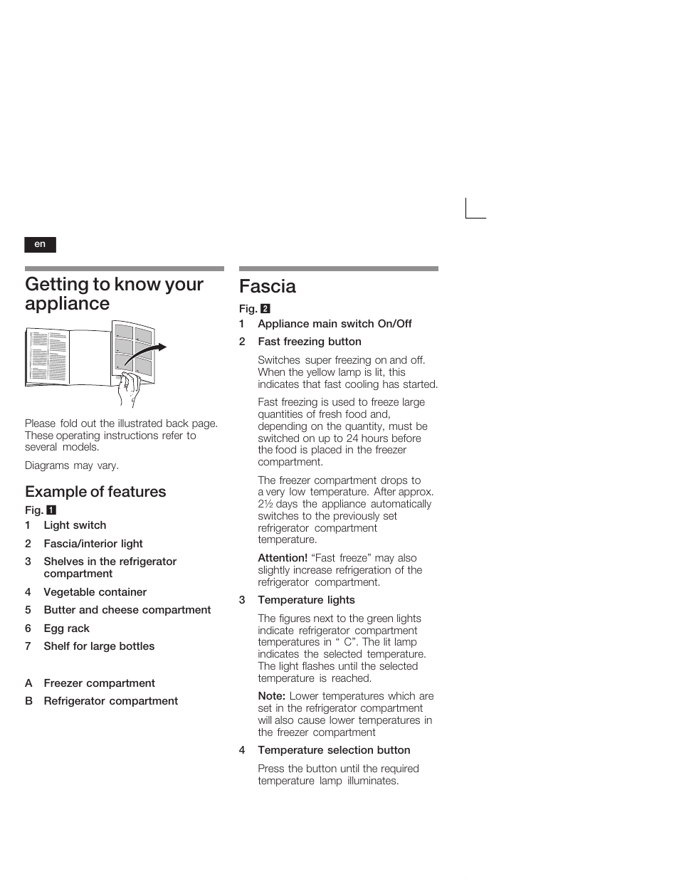 Getting to know your appliance, Fascia, Example of features | Siemens KI26DA20FF User Manual | Page 20 / 78