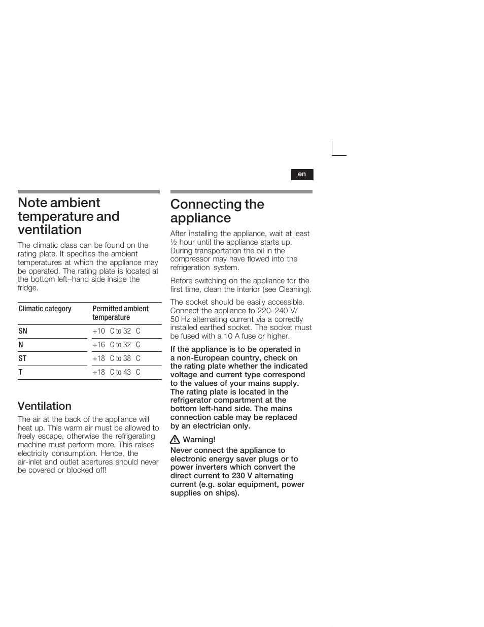 Connecting the appliance, Ventilation | Siemens KI26DA20FF User Manual | Page 21 / 78