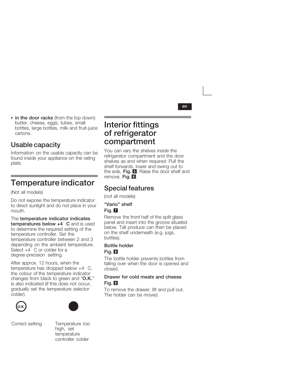 Temperature indicator, Interior fittings of refrigerator compartment, Usable capacity | Special features | Siemens KI26DA20FF User Manual | Page 23 / 78