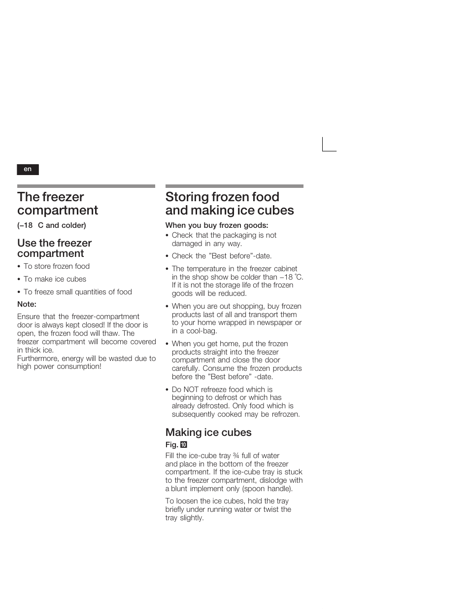 The freezer compartment, Storing frozen food and making ice cubes, Use the freezer compartment | Making ice cubes | Siemens KI26DA20FF User Manual | Page 24 / 78