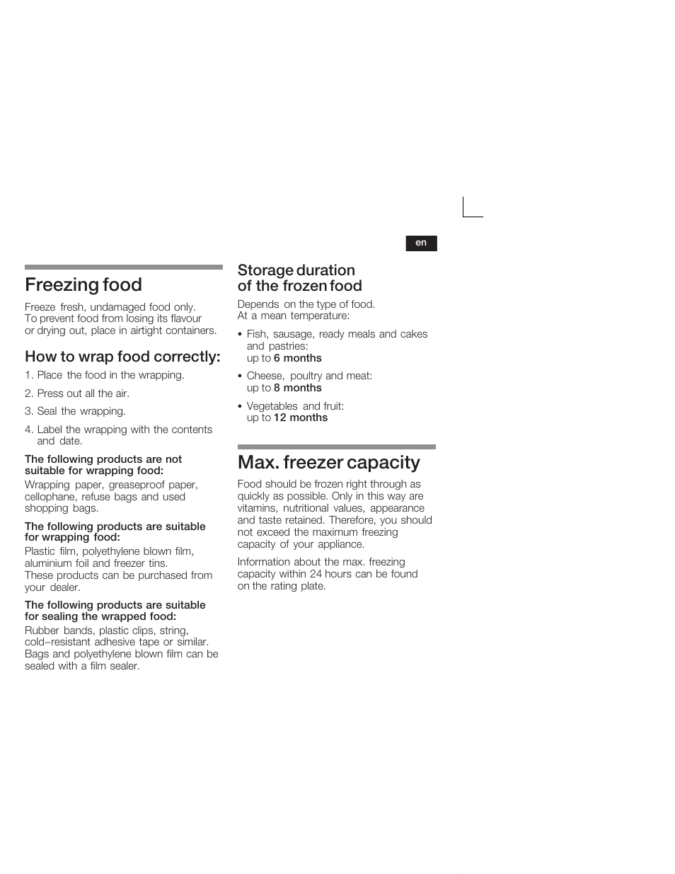 Freezing food, Max. freezer capacity, How to wrap food correctly | Storage duration of the frozen food | Siemens KI26DA20FF User Manual | Page 25 / 78