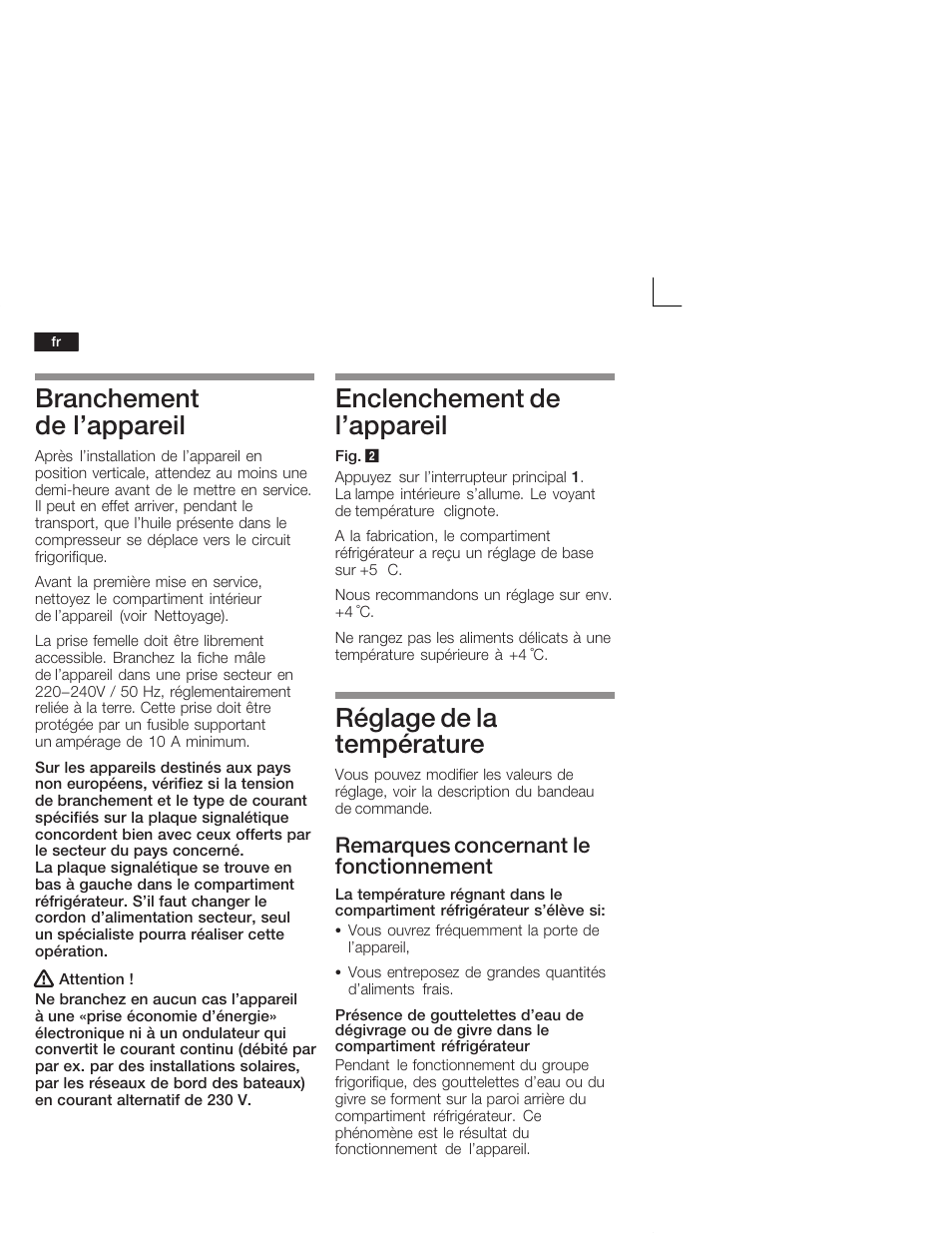 Branchement de l'appareil, Enclenchement de l'appareil, Réglage de la température | Remarques concernant le fonctionnement | Siemens KI26DA20FF User Manual | Page 36 / 78