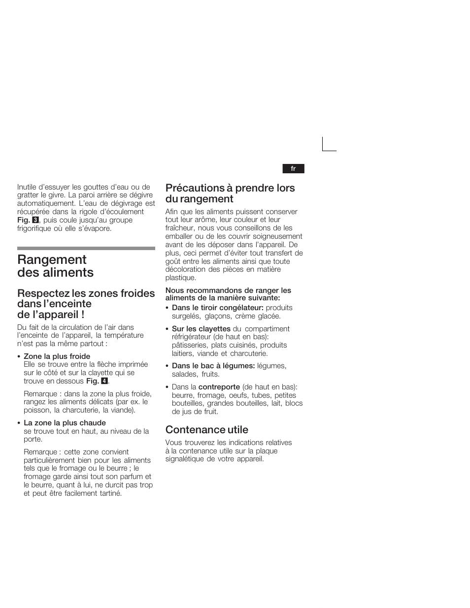 Rangement des aliments, Précautions à prendre lors du rangement, Contenance utile | Siemens KI26DA20FF User Manual | Page 37 / 78