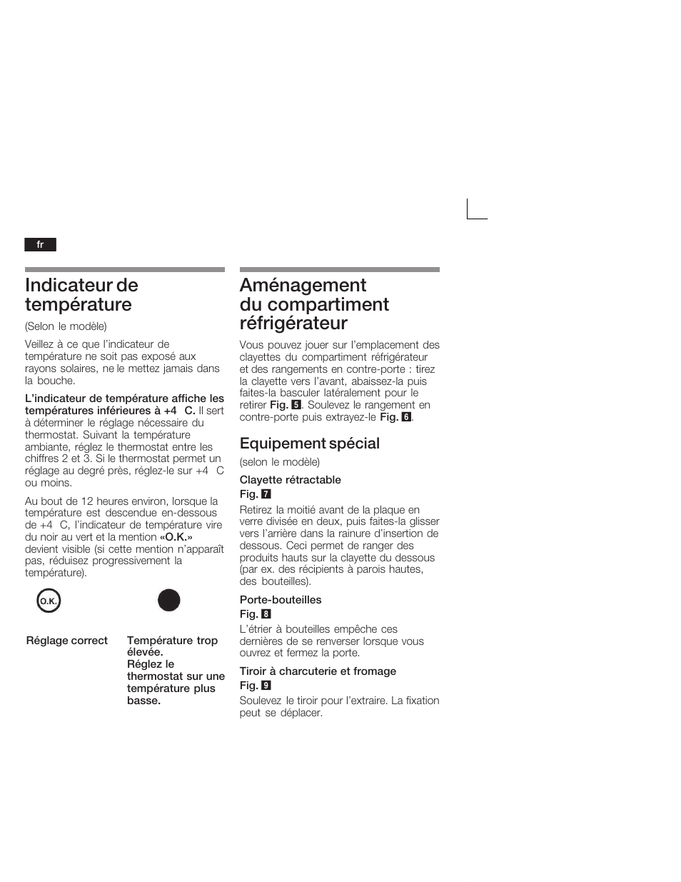 Indicateur de température, Aménagement du compartiment réfrigérateur, Equipement spécial | Siemens KI26DA20FF User Manual | Page 38 / 78