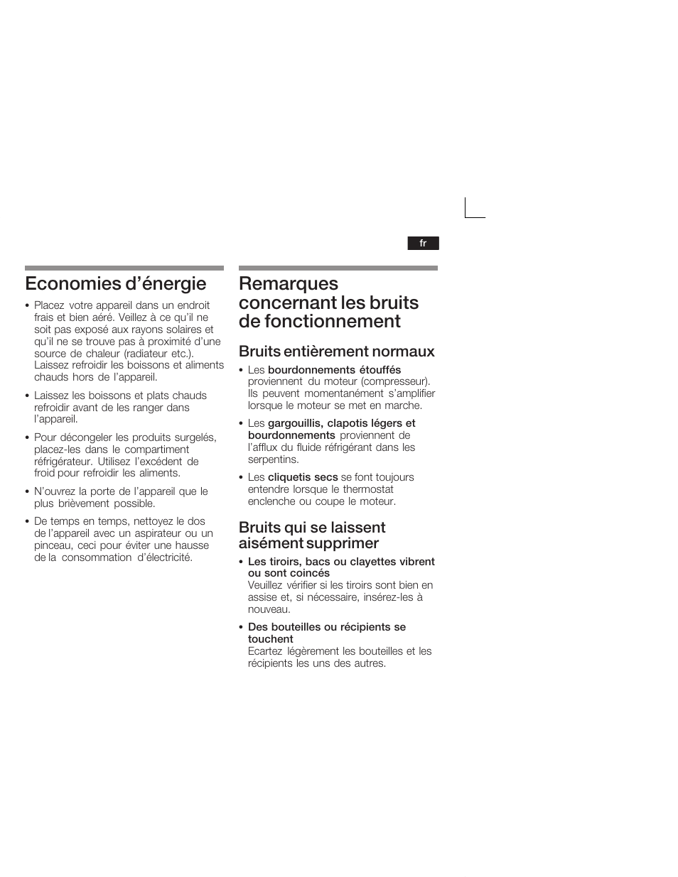 Economies d'énergie, Remarques concernant les bruits de fonctionnement, Bruits entièrement normaux | Bruits qui se laissent aisément supprimer | Siemens KI26DA20FF User Manual | Page 43 / 78