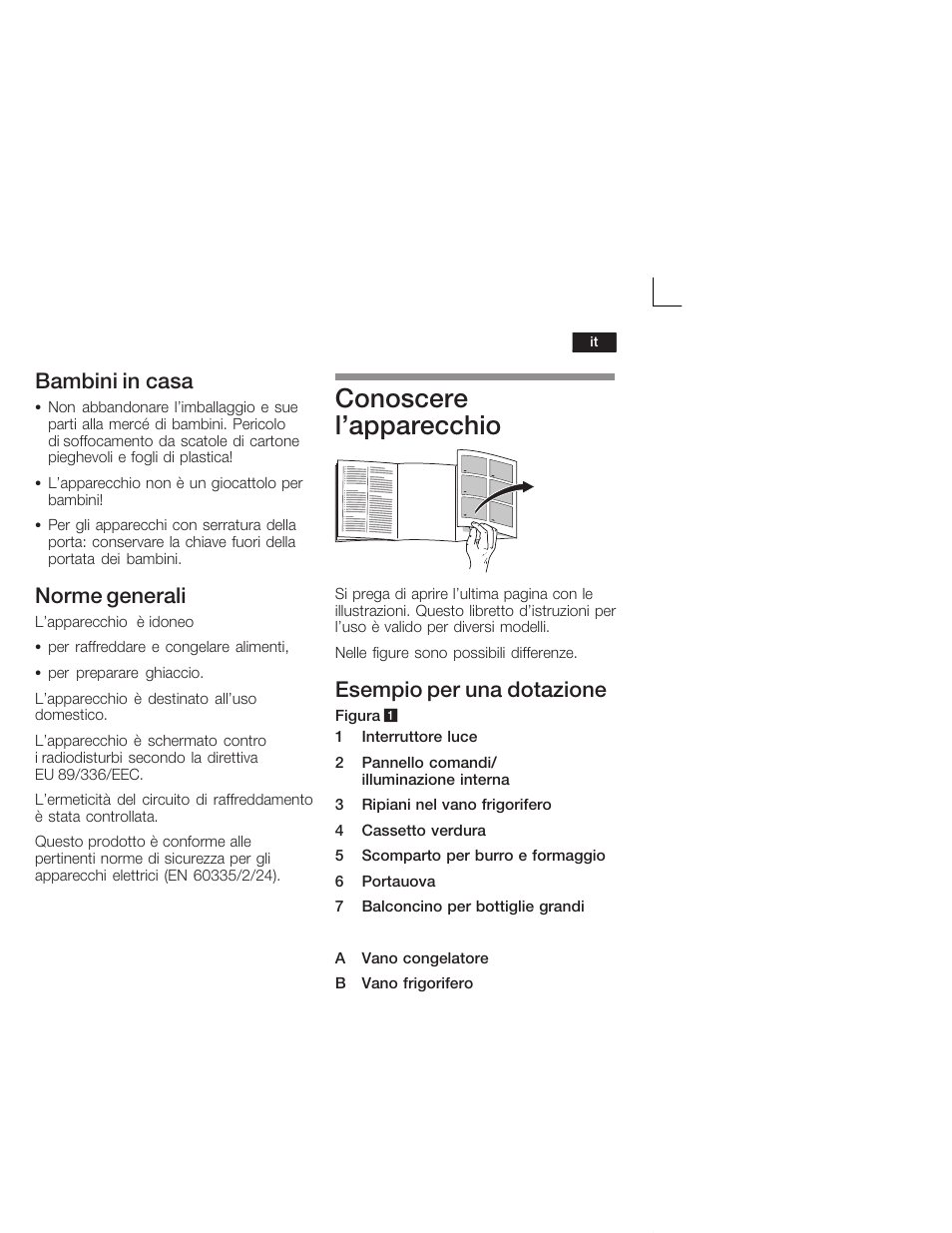 Conoscere l'apparecchio, Bambini in casa, Norme generali | Esempio per una dotazione | Siemens KI26DA20FF User Manual | Page 49 / 78