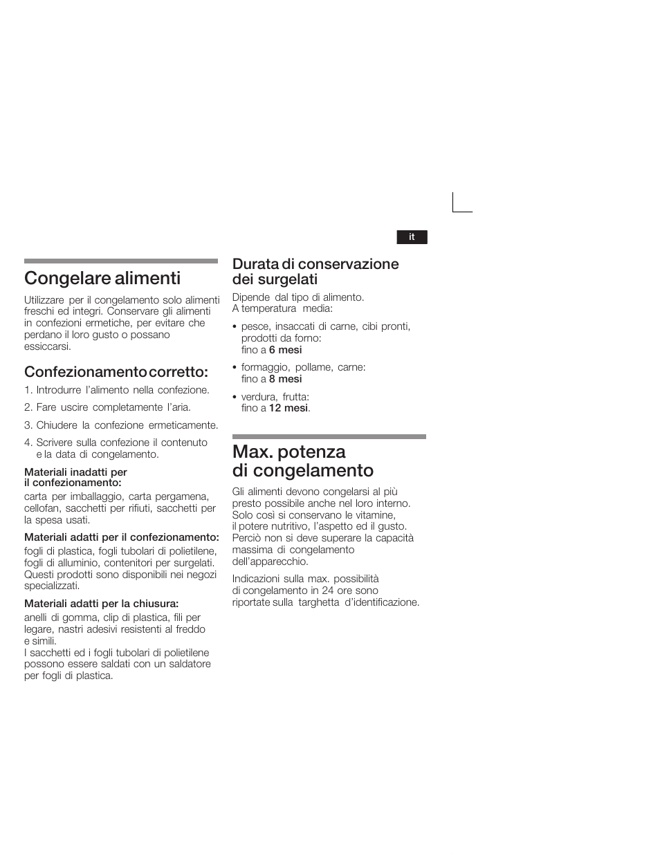 Congelare alimenti, Max. potenza di congelamento, Confezionamento corretto | Durata di conservazione dei surgelati | Siemens KI26DA20FF User Manual | Page 55 / 78