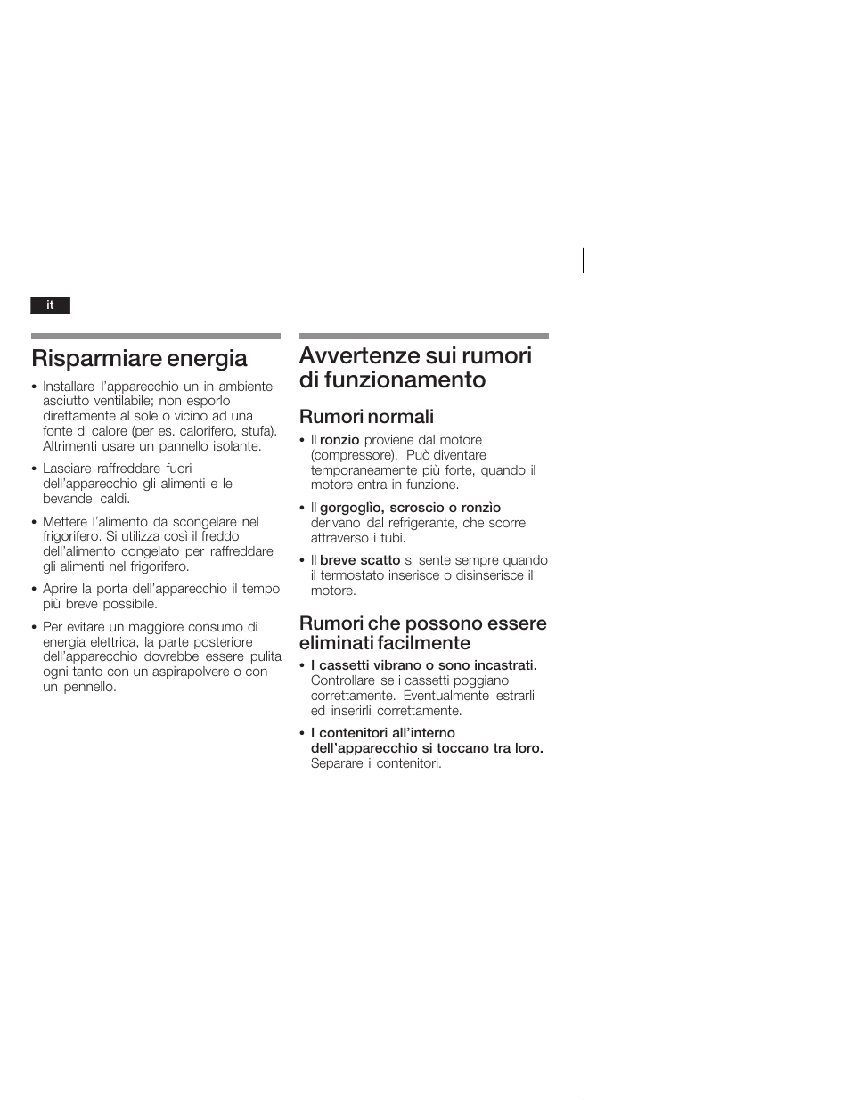 Risparmiare energia, Avvertenze sui rumori di funzionamento, Rumori normali | Rumori che possono essere eliminati facilmente | Siemens KI26DA20FF User Manual | Page 58 / 78