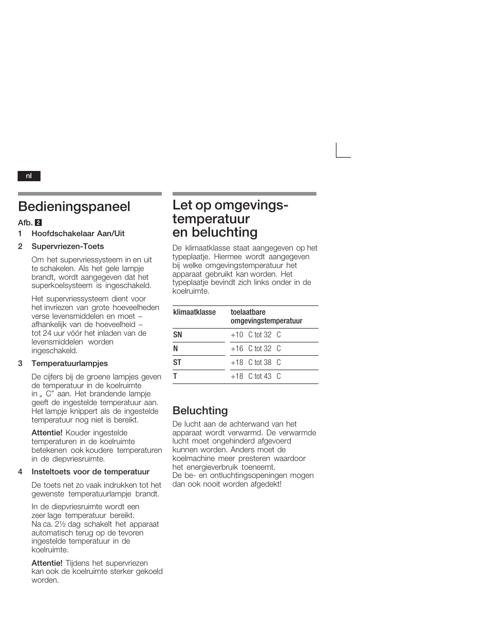 Bedieningspaneel, Let op omgevingsć temperatuur en beluchting, Beluchting | Siemens KI26DA20FF User Manual | Page 64 / 78