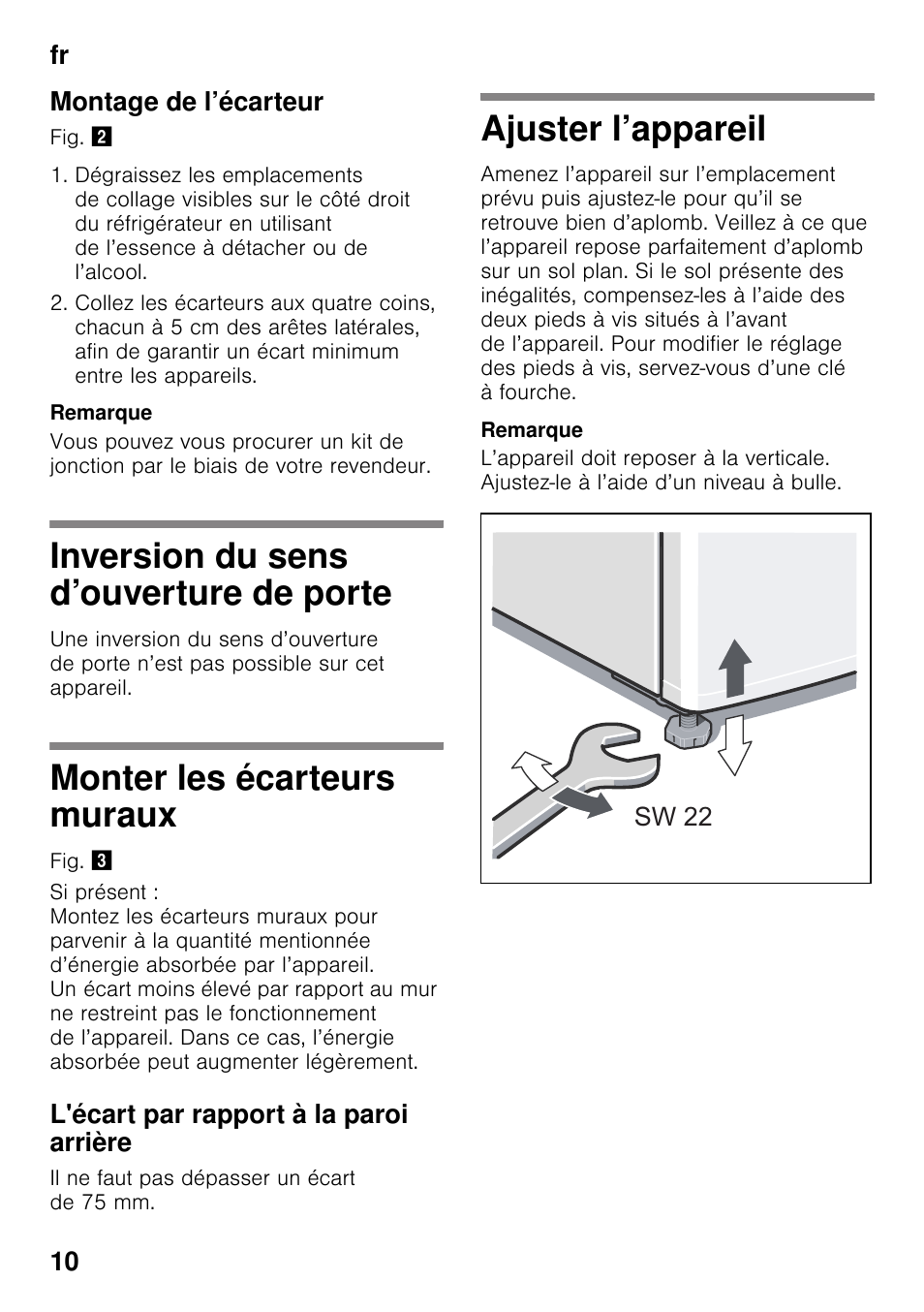 Montage de l’écarteur, Inversion du sens d’ouverture de porte, Monter les écarteurs muraux | L'écart par rapport à la paroi arrière, Ajuster l’appareil, Fr 10 montage de l’écarteur | Siemens KS36WPI30 User Manual | Page 10 / 34