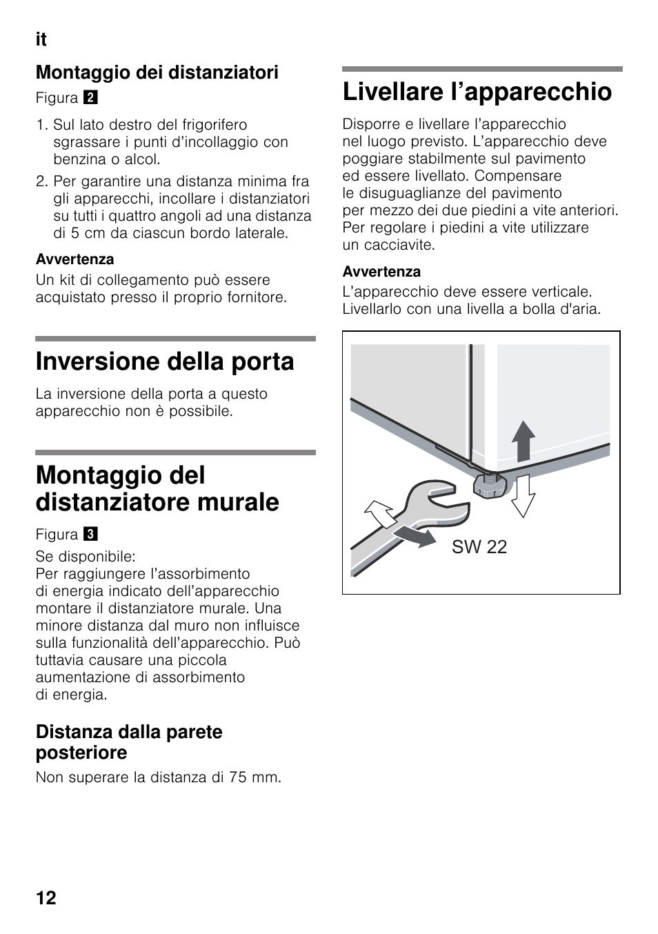 Montaggio dei distanziatori, Inversione della porta, Montaggio del distanziatore murale | Distanza dalla parete posteriore, Livellare l’apparecchio, Murale livellare l’apparecchio, It 12 montaggio dei distanziatori | Siemens KS36WPI30 User Manual | Page 12 / 34