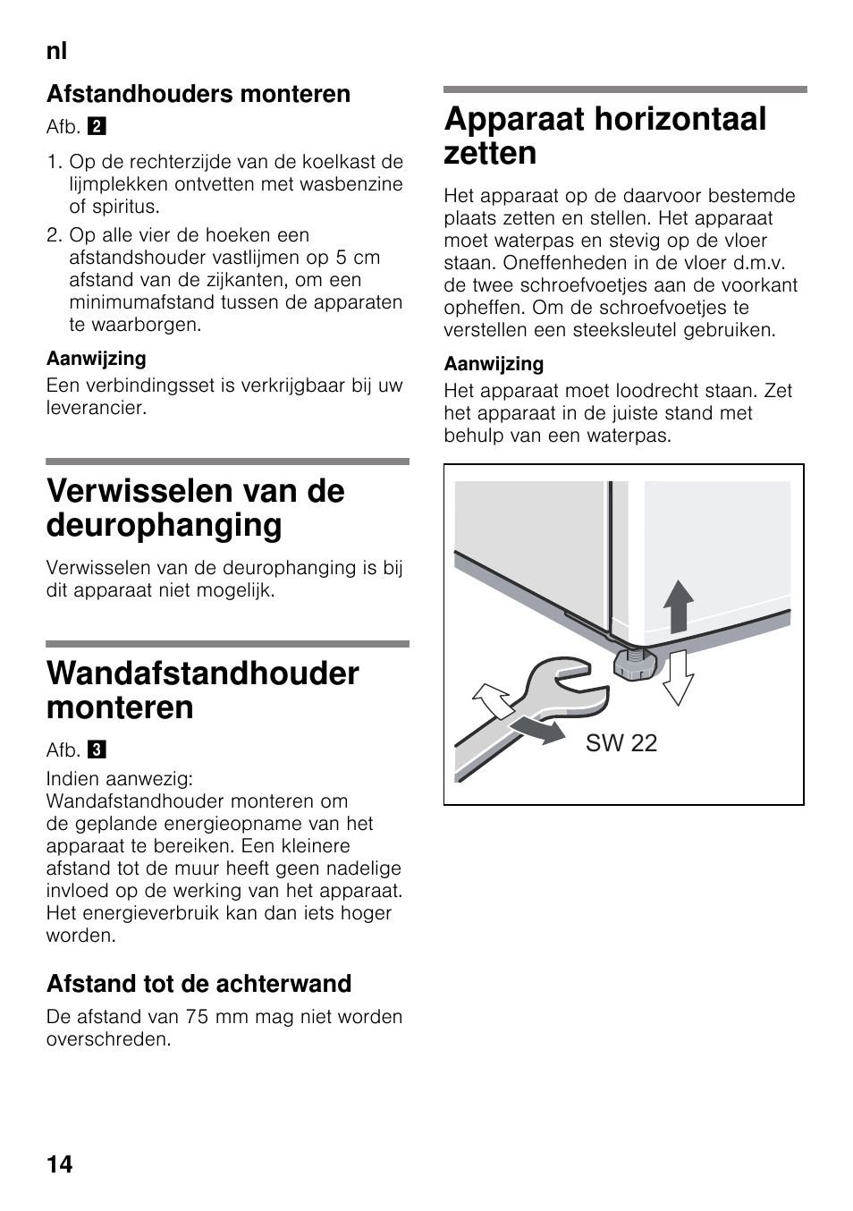 Afstandhouders monteren, Verwisselen van de deurophanging, Wandafstandhouder monteren | Afstand tot de achterwand, Apparaat horizontaal zetten | Siemens KS36WPI30 User Manual | Page 14 / 34
