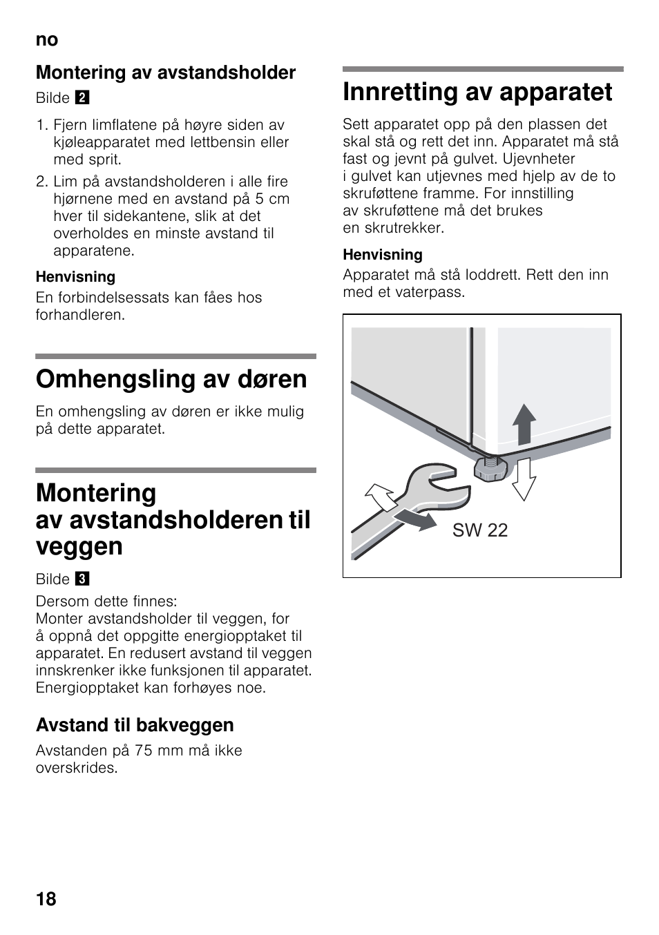 Montering av avstandsholder, Omhengsling av døren, Montering av avstandsholderen til veggen | Avstand til bakveggen, Innretting av apparatet, Veggen innretting av apparatet | Siemens KS36WPI30 User Manual | Page 18 / 34