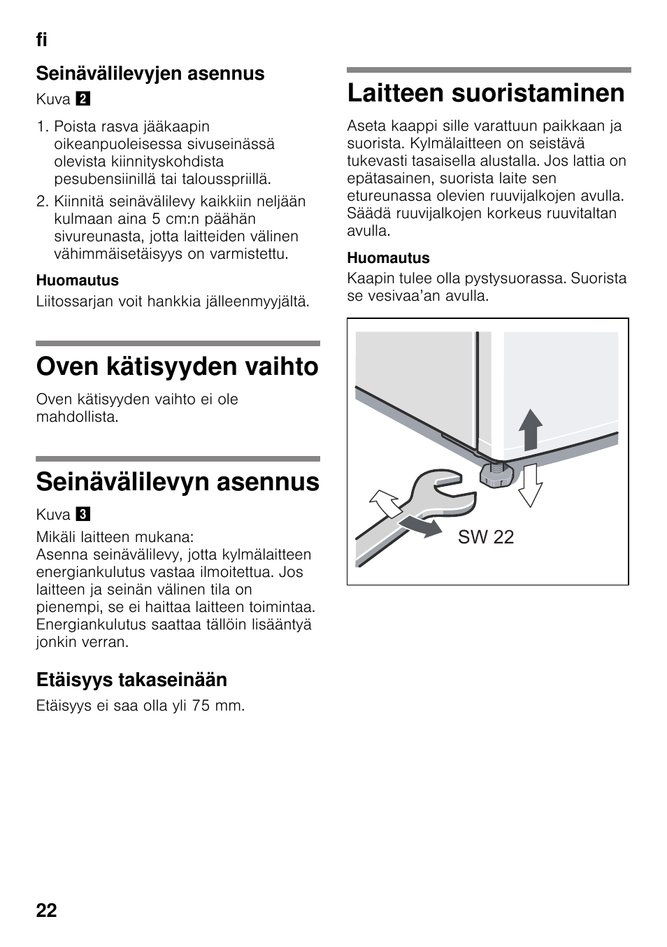 Seinävälilevyjen asennus, Oven kätisyyden vaihto, Seinävälilevyn asennus | Etäisyys takaseinään, Laitteen suoristaminen, Fi 22 seinävälilevyjen asennus | Siemens KS36WPI30 User Manual | Page 22 / 34