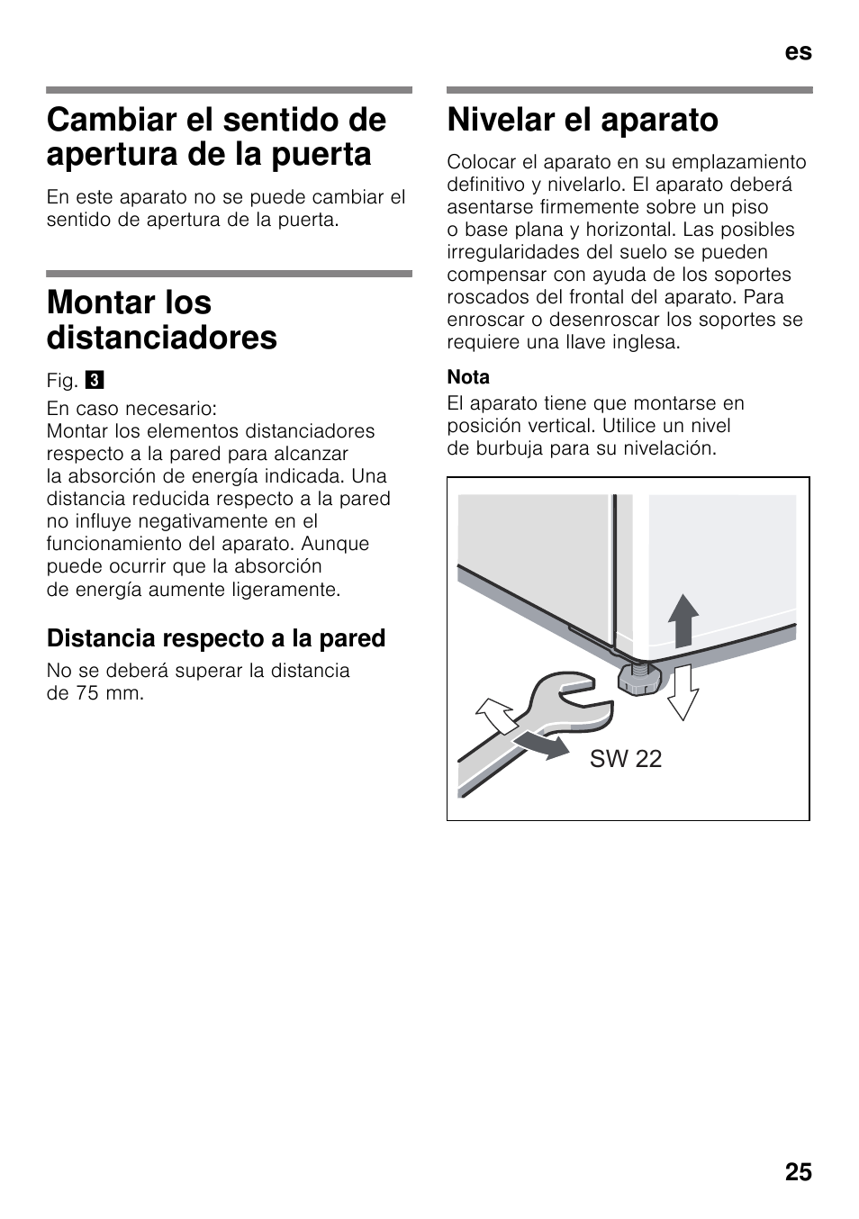 Cambiar el sentido de apertura de la puerta, Montar los distanciadores, Distancia respecto a la pared | Nivelar el aparato | Siemens KS36WPI30 User Manual | Page 25 / 34