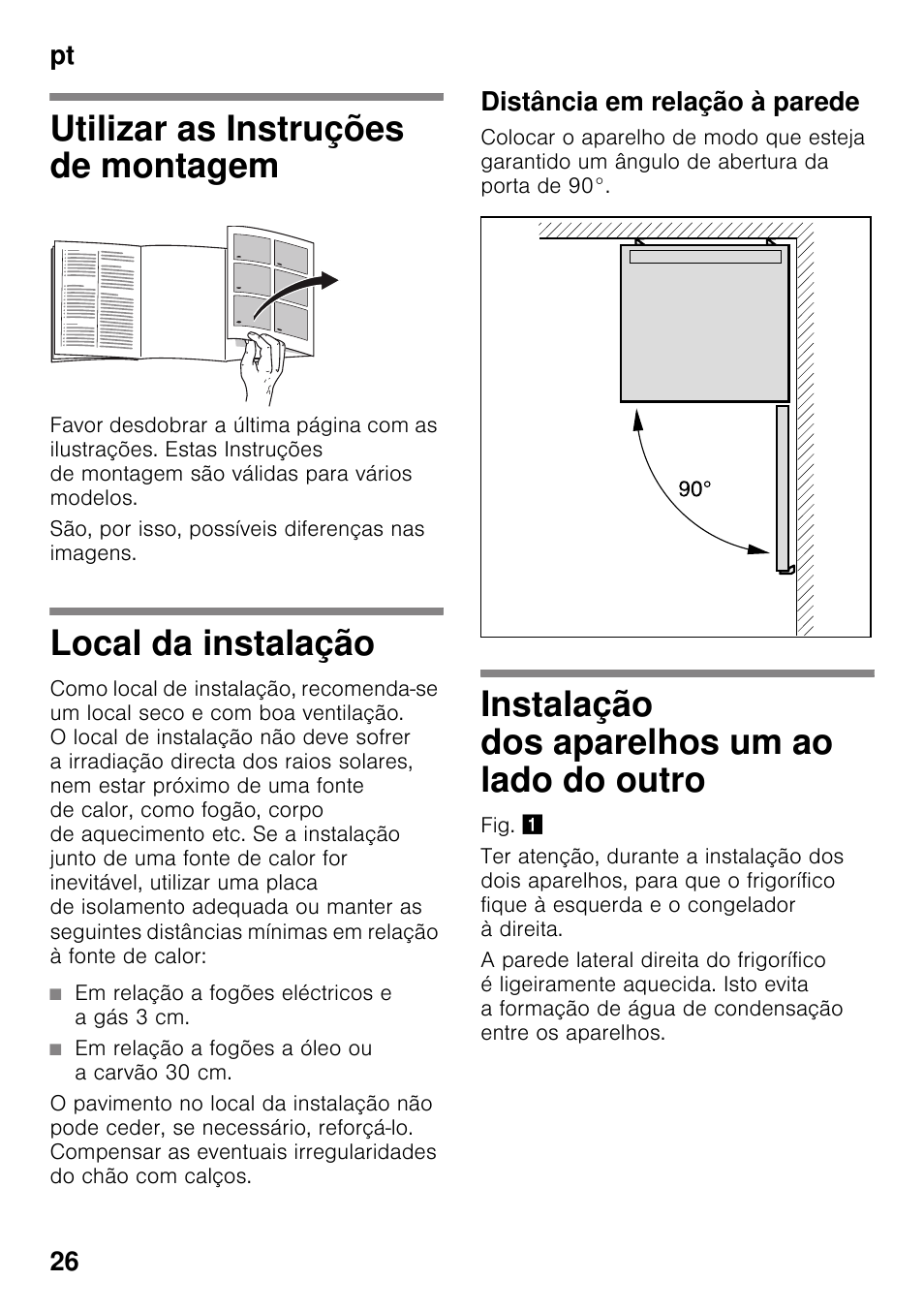 Pt índicept instruções de montagem aparelho solo, Utilizar as instruções de montagem, Local da instalação | Distância em relação à parede, Instalação dos aparelhos um ao lado do outro, Montagem local da instalação, Do outro, Pt 26 | Siemens KS36WPI30 User Manual | Page 26 / 34