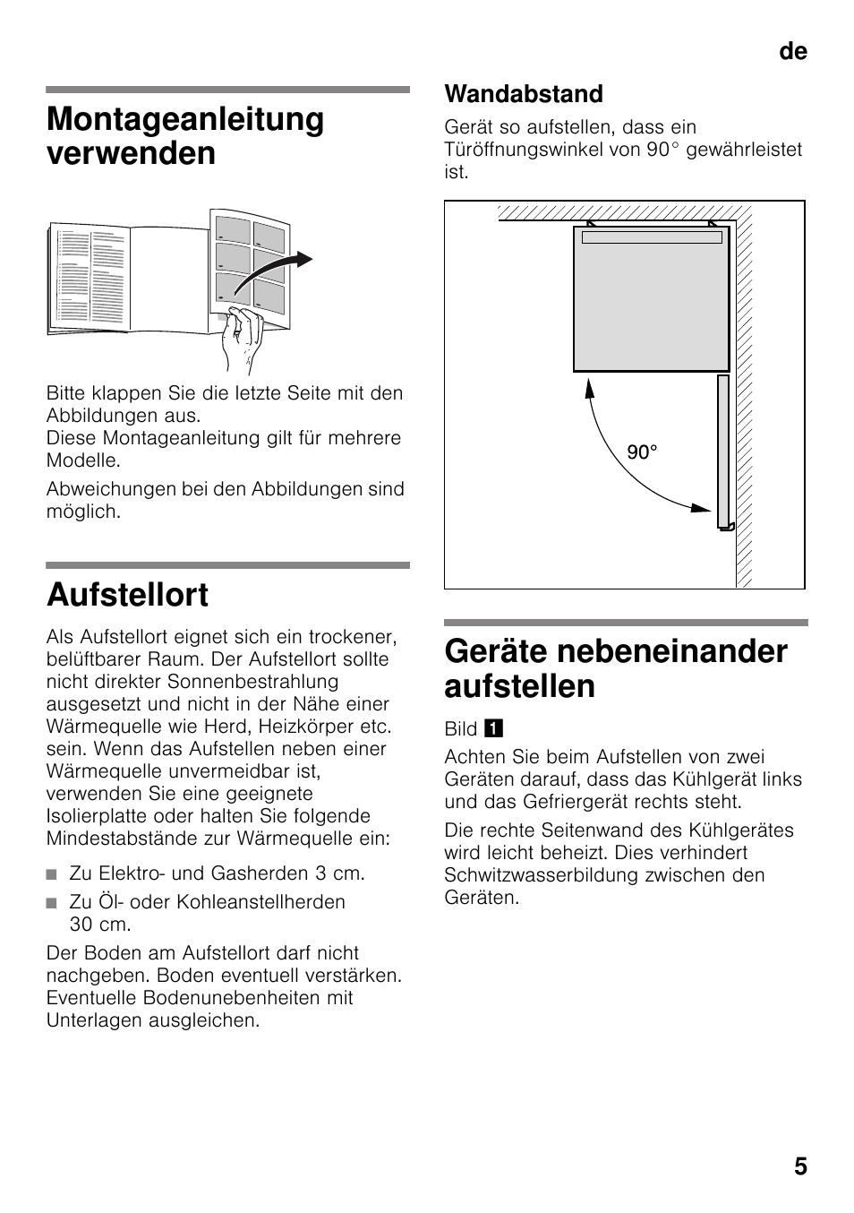 Montageanleitung verwenden, Aufstellort, Wandabstand | Geräte nebeneinander aufstellen, De 5 | Siemens KS36WPI30 User Manual | Page 5 / 34