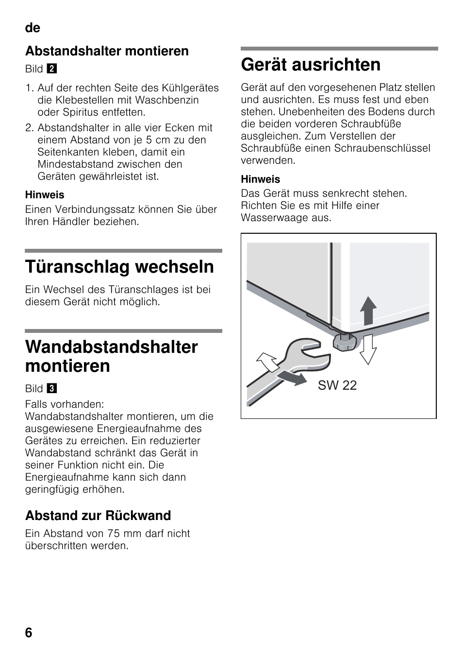 Abstandshalter montieren, Türanschlag wechseln, Wandabstandshalter montieren | Abstand zur rückwand, Gerät ausrichten, De 6 abstandshalter montieren | Siemens KS36WPI30 User Manual | Page 6 / 34