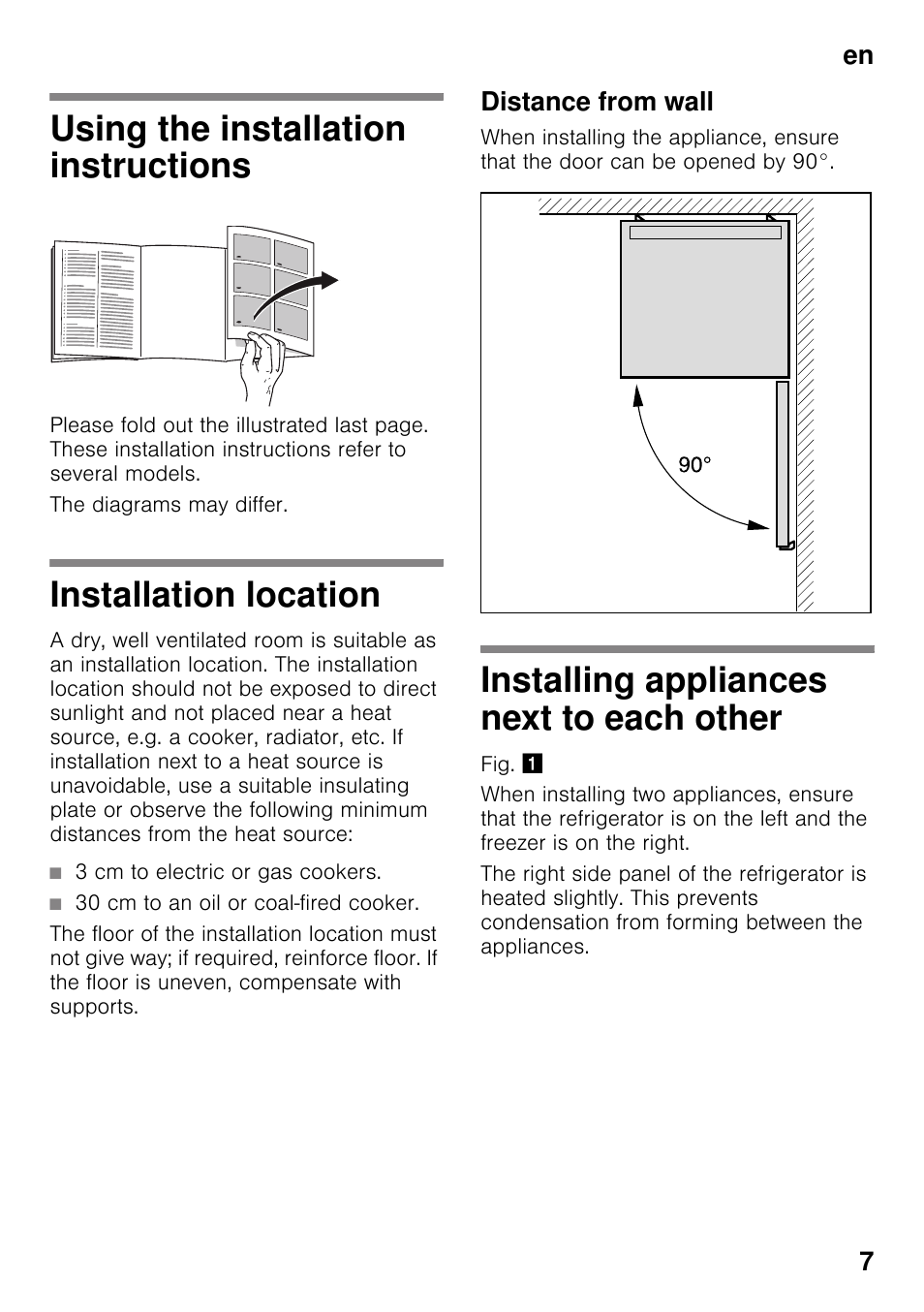 Using the installation instructions, Installation location, Distance from wall | Installing appliances next to each other, Free-standing appliance, Other, En 7 | Siemens KS36WPI30 User Manual | Page 7 / 34