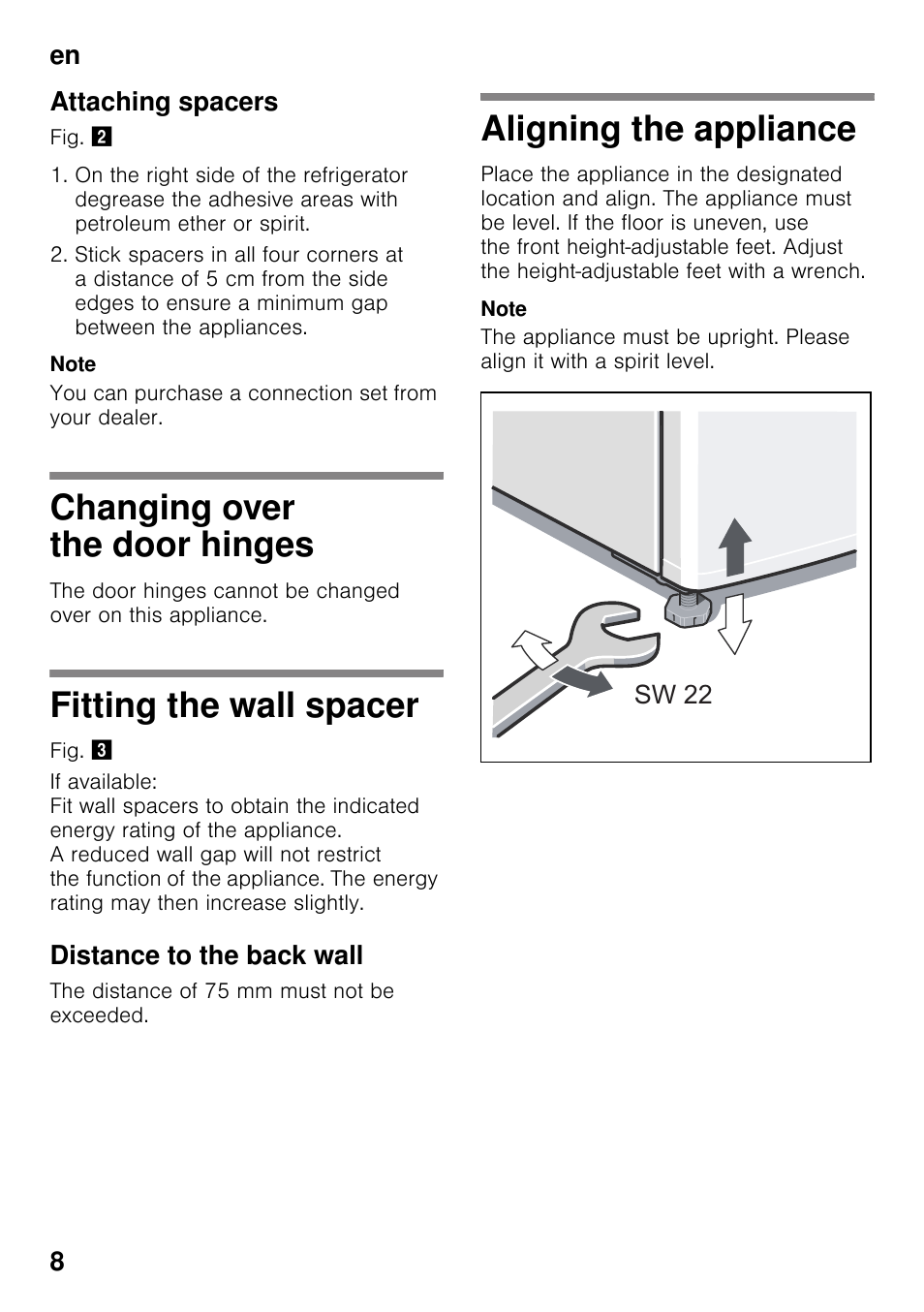 Attaching spacers, Changing over the door hinges, Fitting the wall spacer | Distance to the back wall, Aligning the appliance, En 8 attaching spacers | Siemens KS36WPI30 User Manual | Page 8 / 34